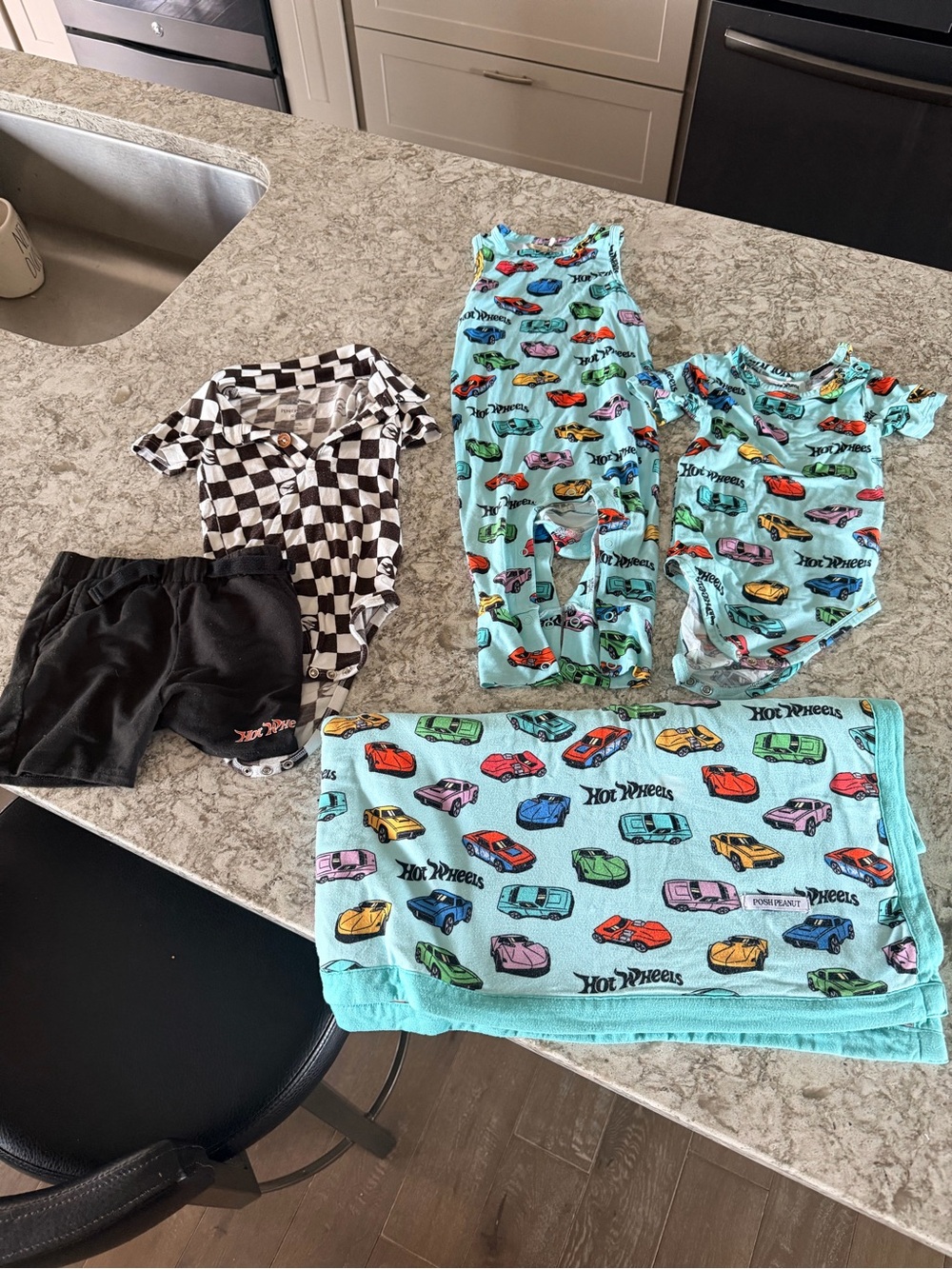 Posh Peanut Toddler Swim Set in Aqua with Multicolor Car Print